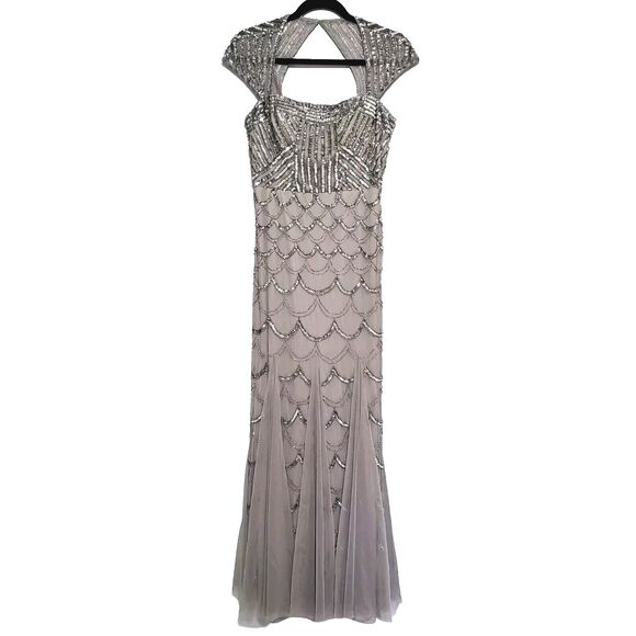 Cache Grey Beaded Sequin Maxi Mermaid Gown sz 6 Cap Sleeve Formal Black Tie - Picture 2 of 14